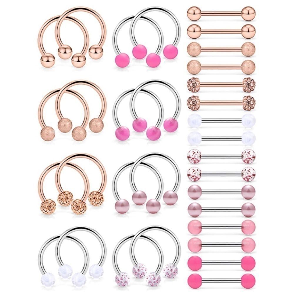 14G 316L Rose Gold & Silver Nipple Rings Set of 16